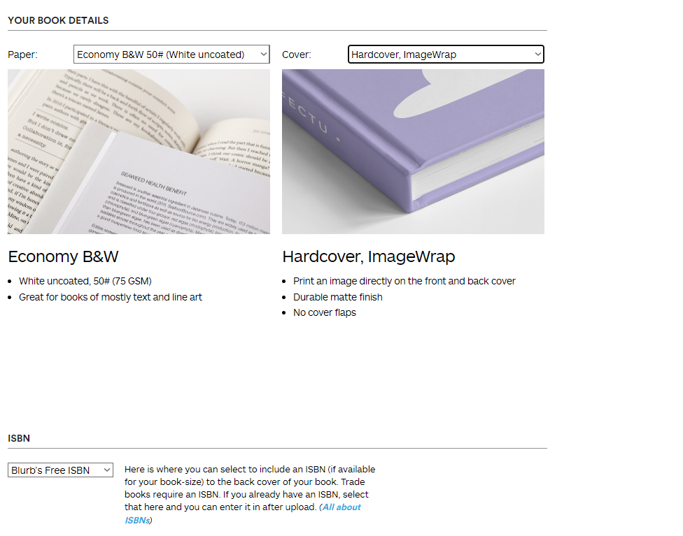 Blurb: Choosing the book type (hardcover; white economy paper)