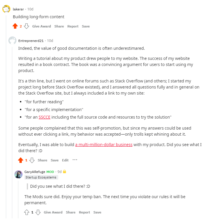Answer on r/startups that got me banned